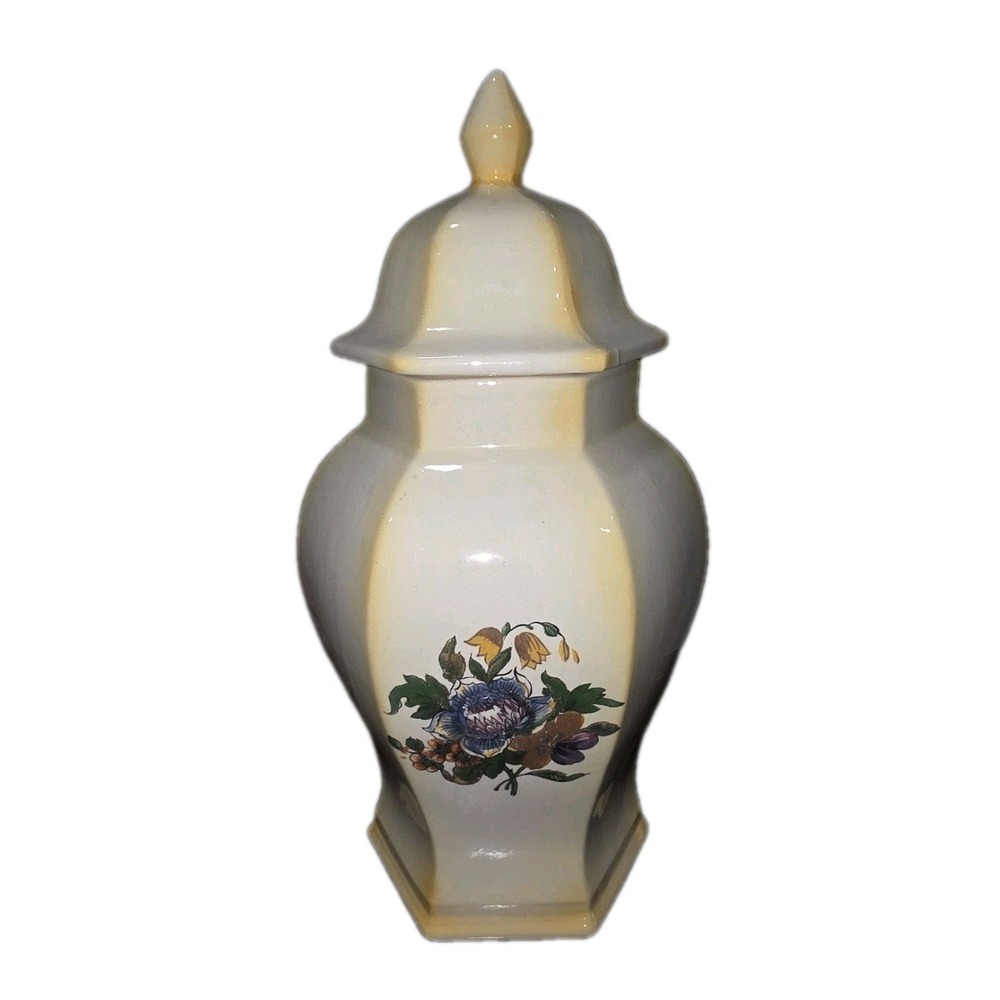 🌼 Vintage Hexagonal Ceramic Ginger Jar w/ Lid Floral Motif Yellow Glaze 11"